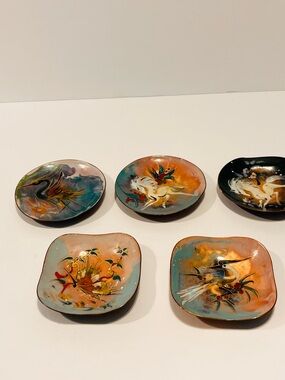 Vtg MCM Enameled Cooper Hand painted & Signed Set of 5 Trinkets Made in Holland